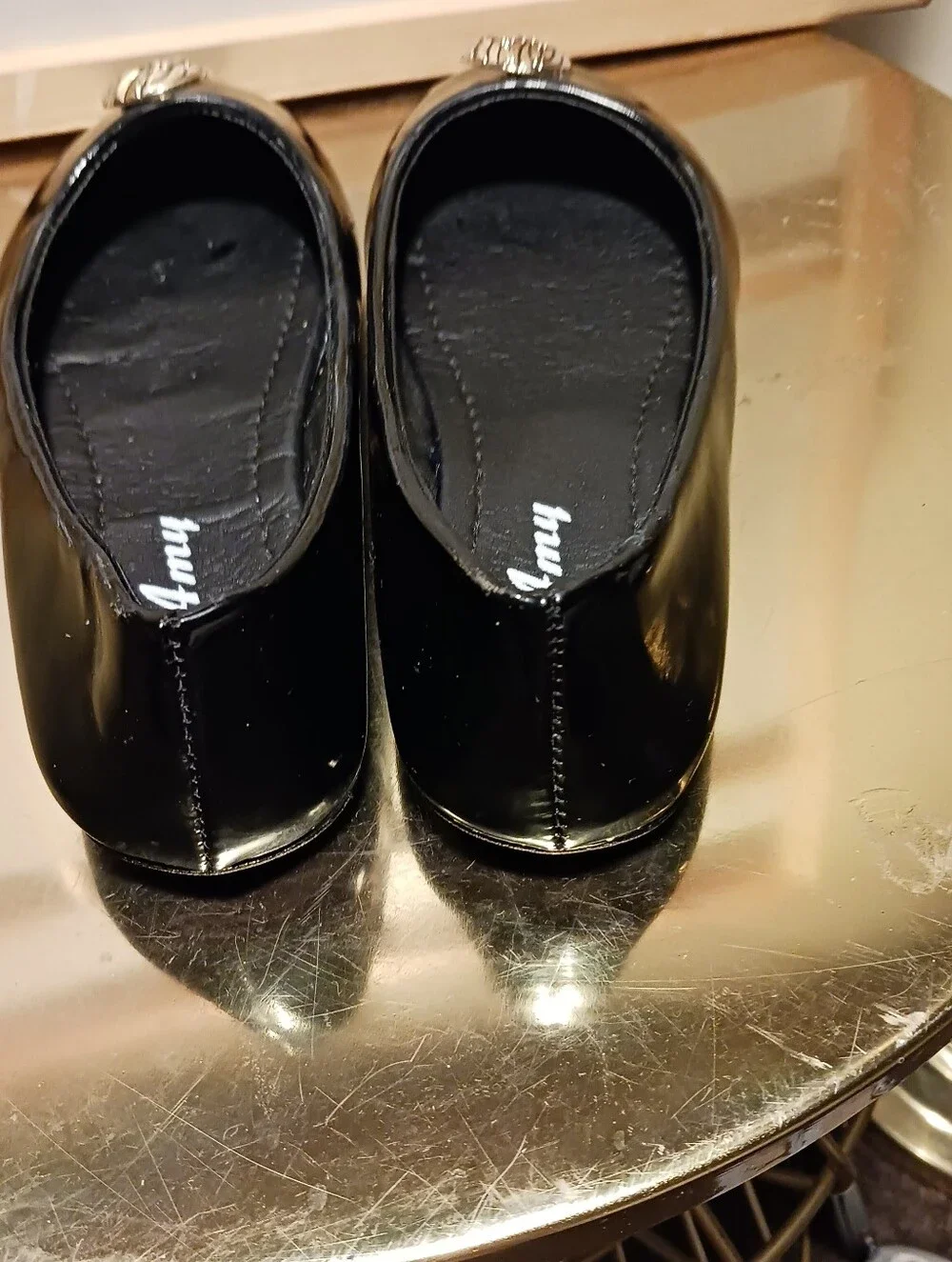 AMY GIRL Black Patent Ballet Flats with Gold Accent Size 1 Nwob
